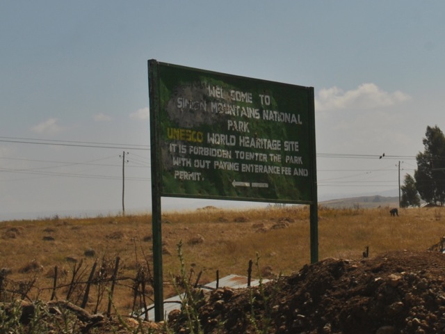 Simien mountains national park entrance sign, Ethiopia