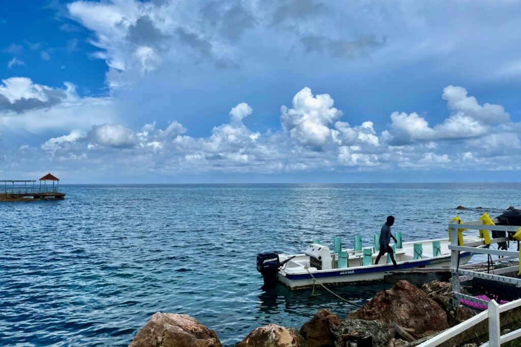 Dive boat at the dive shop at FDR resort, Runaway Bay Jamaica