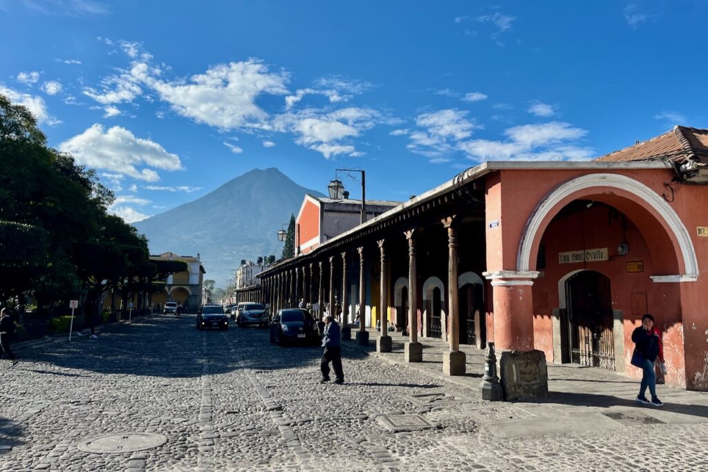 Buildings framing Parque Central with volcano views, Antigua, Guatemala