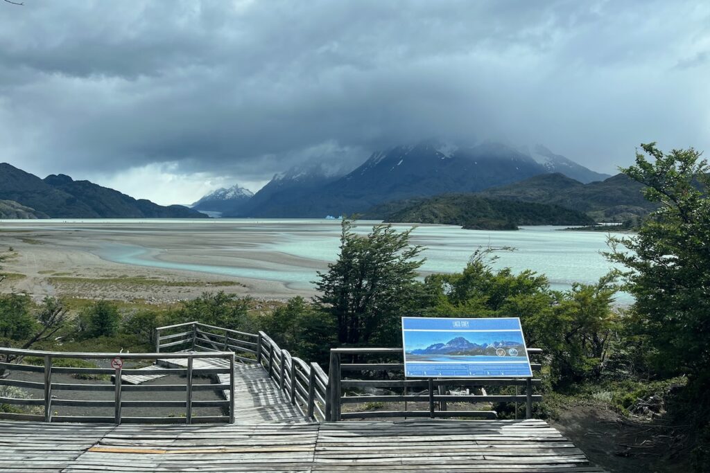 View of Torres del Paine mountains from Lago Grey hotel, Chile