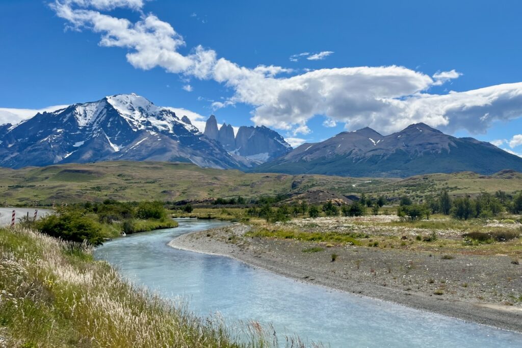 Rio Paine and Torres view near Laguna Amarga entrance, Torres del Paine, Chile