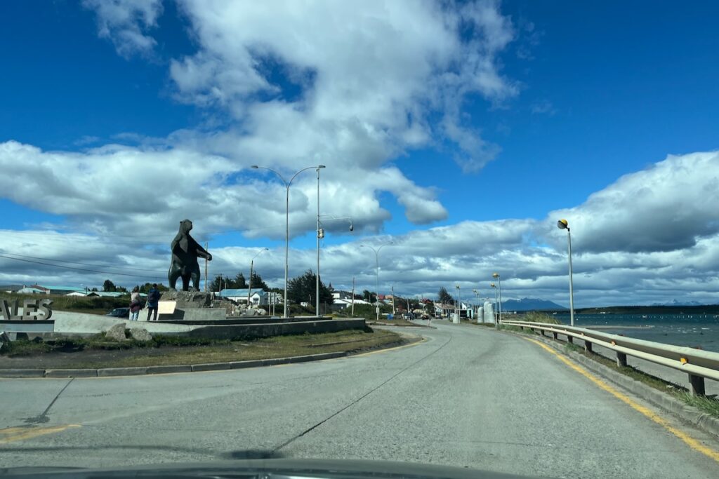 Entrance to Puerto Natales with Milodon statue, Chile