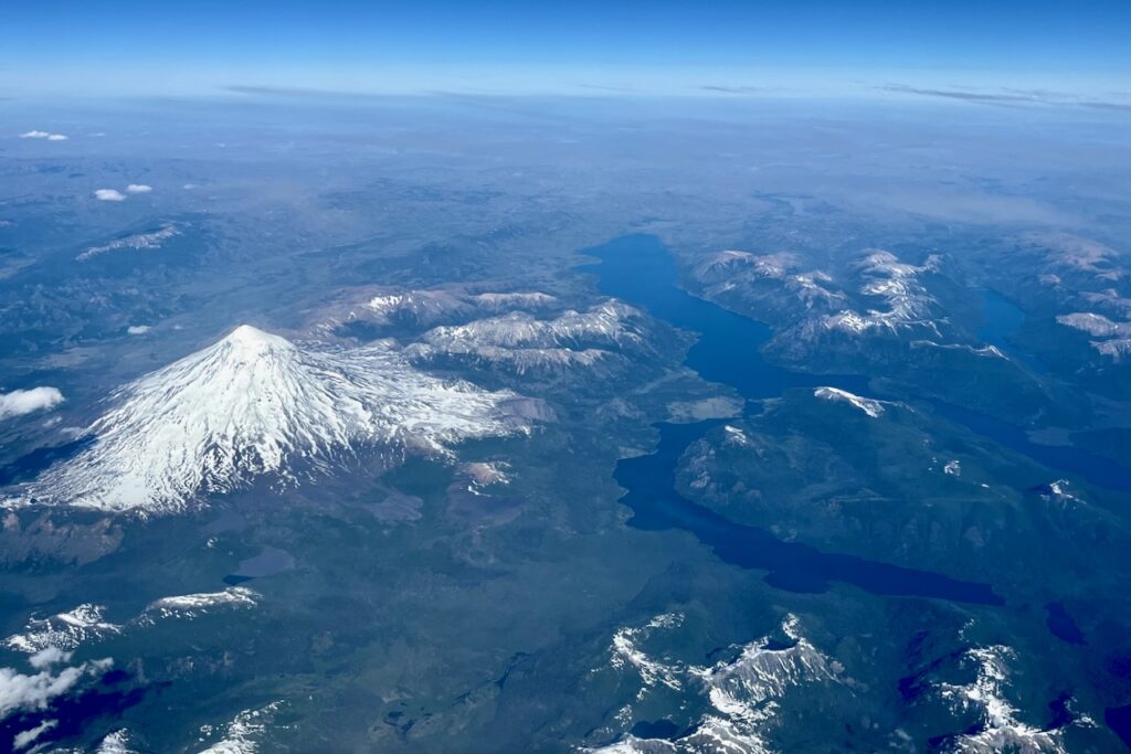Lake district and volcanoes from airplane, Chile