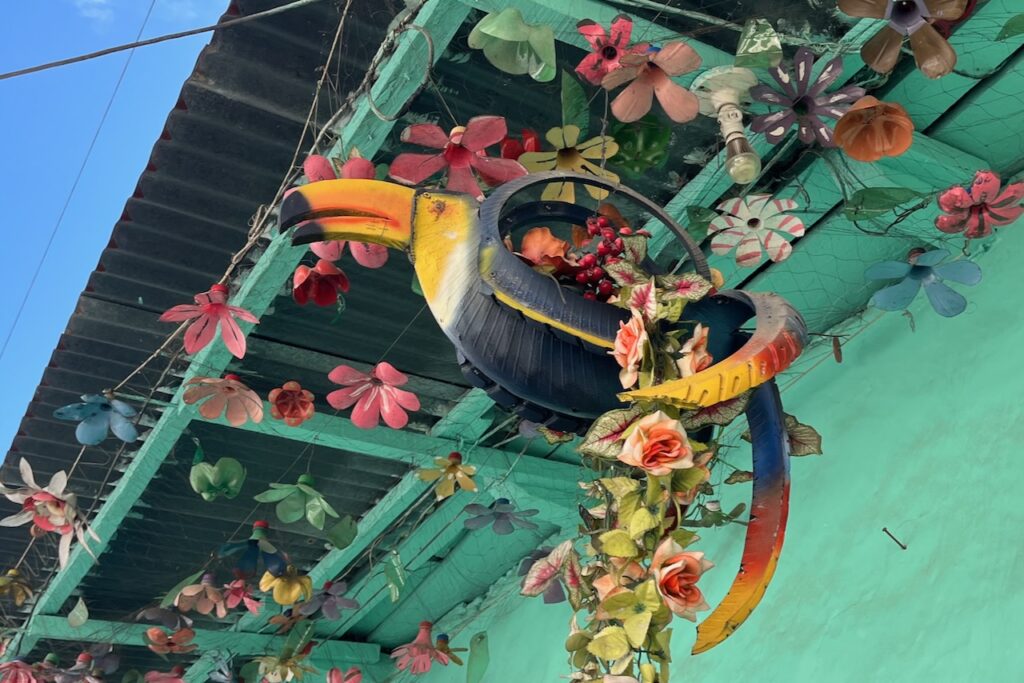 Toucan shaped planter made from used tires, Flores, Guatemala