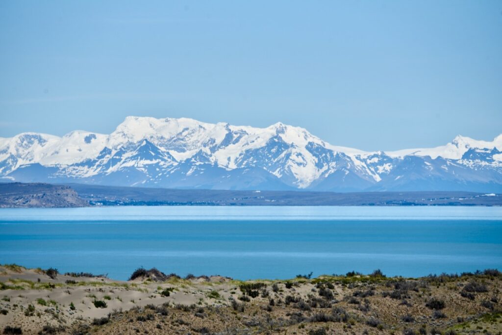 Lago Argentino and mountains in the distance, Heading north from El Calafate to El Chalten, Argentina