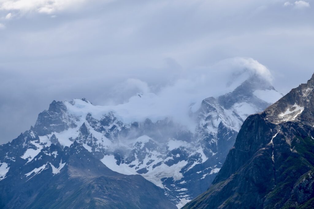 Cerro Paine Grande with clouds close up, Torres del Paine, Chile