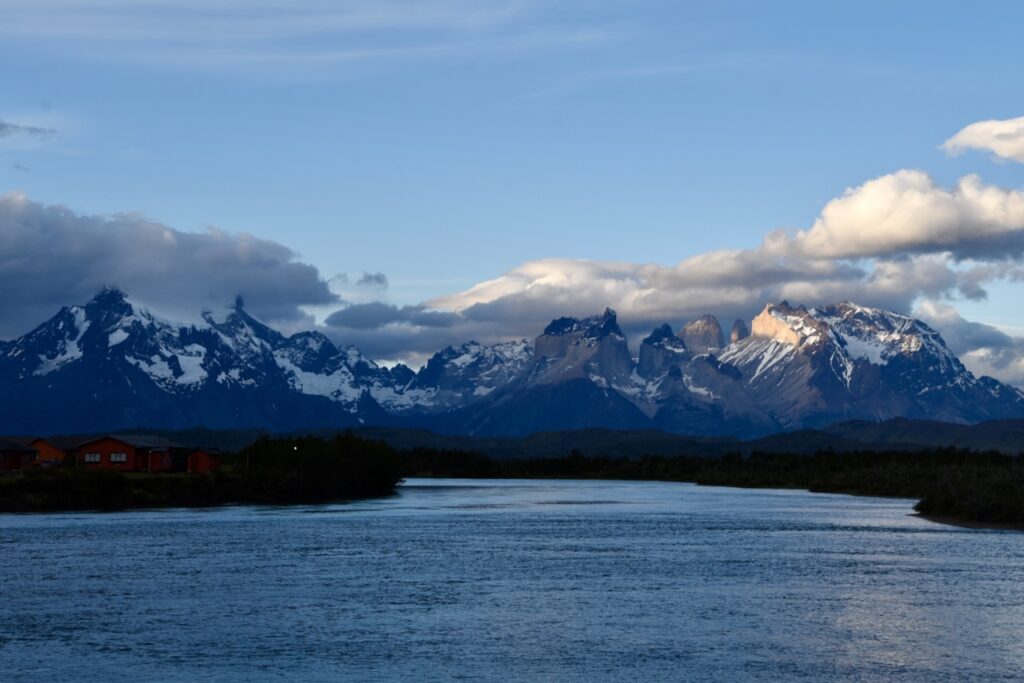 Sunset over Torres del Paine and Rio Serrano, Torres del Paine, Chile