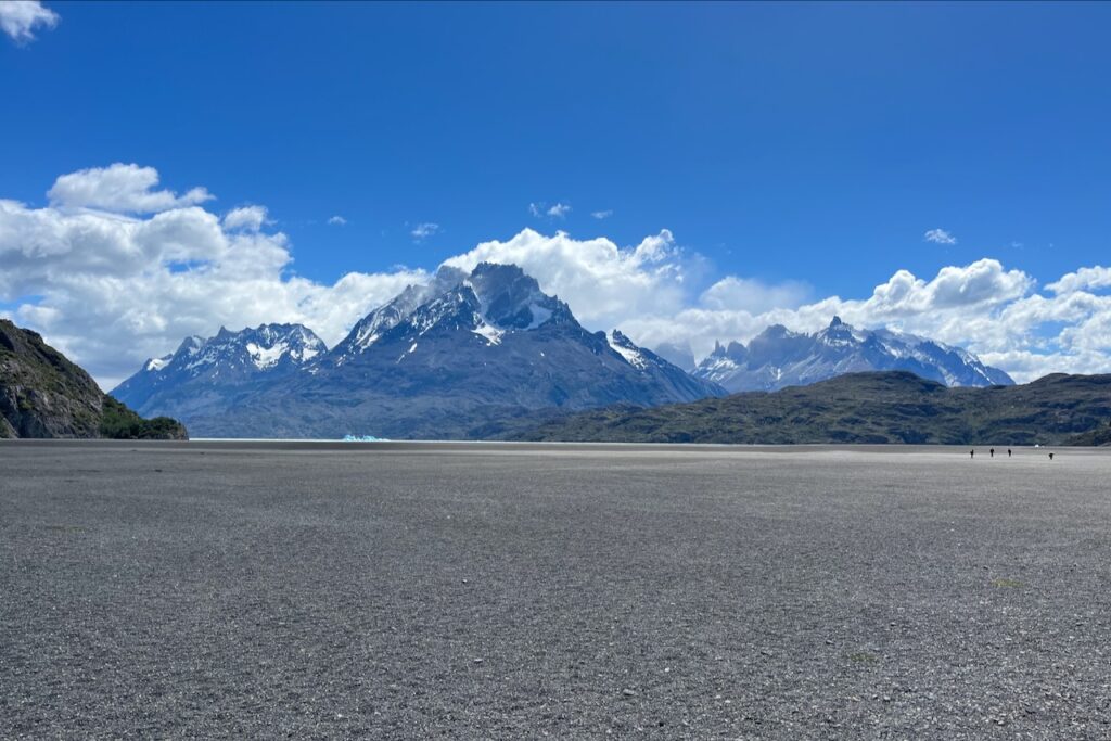 View to Torres del Paine massif on the way to embarking a boat for Lago Grey navigation, Chile