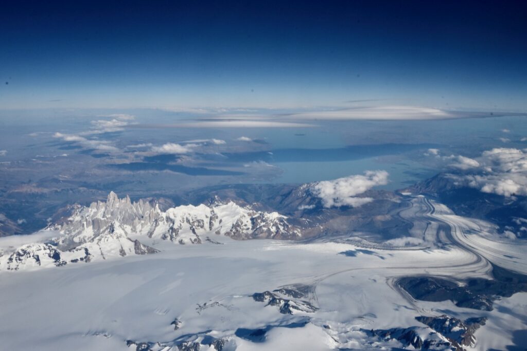 Lake district and volcanoes from airplane, Chile