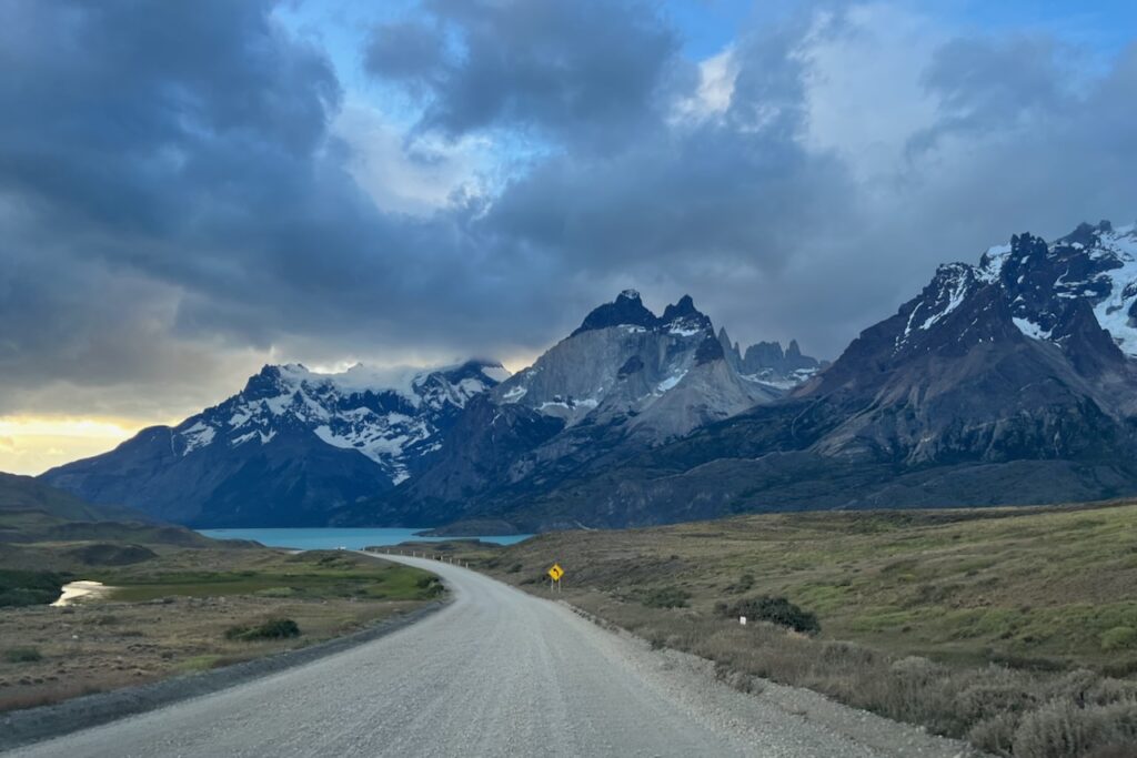 Road through Torres del Paine park at sunset, Chile