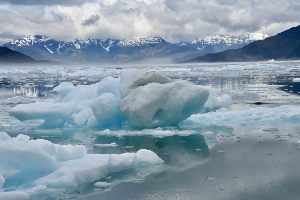 Ice in Calvo fjord on Kaweskar route with Skorpios cruise, Chile