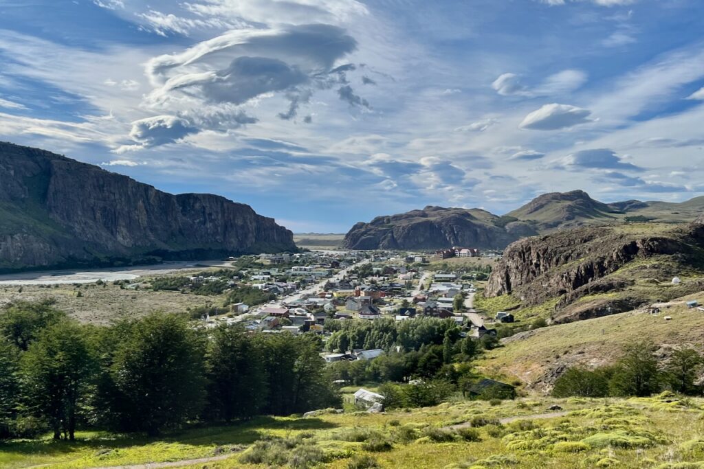 View of El Chalten from the trail to Laguna Capri and others, El Chalten, Argentina
