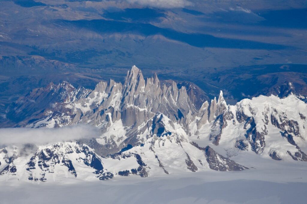 Mount Fitz Roy and surrounding mountains aerial view, Argentina