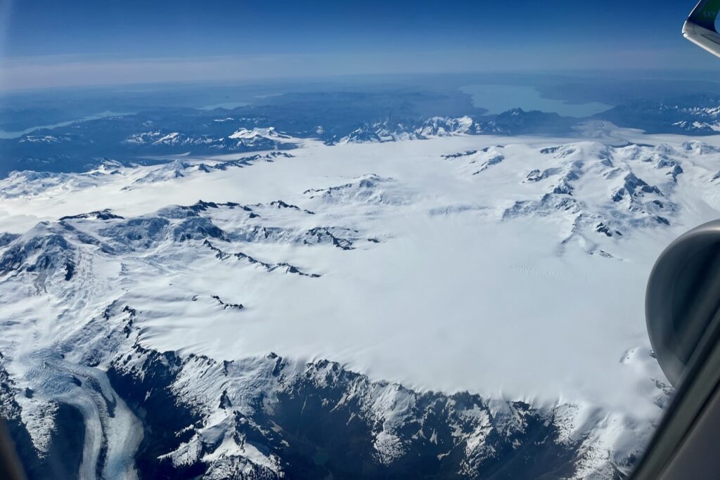 Southern Patagonian Ice Field with Mount Fitz Roy in the distance view from plane, Chile