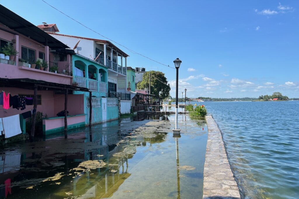 Flores island houses and pavement under water, Guatemala