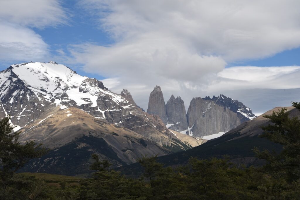 The view of the Torres at the start of the hike to Torres base lookout, Torres del Paine, Chile