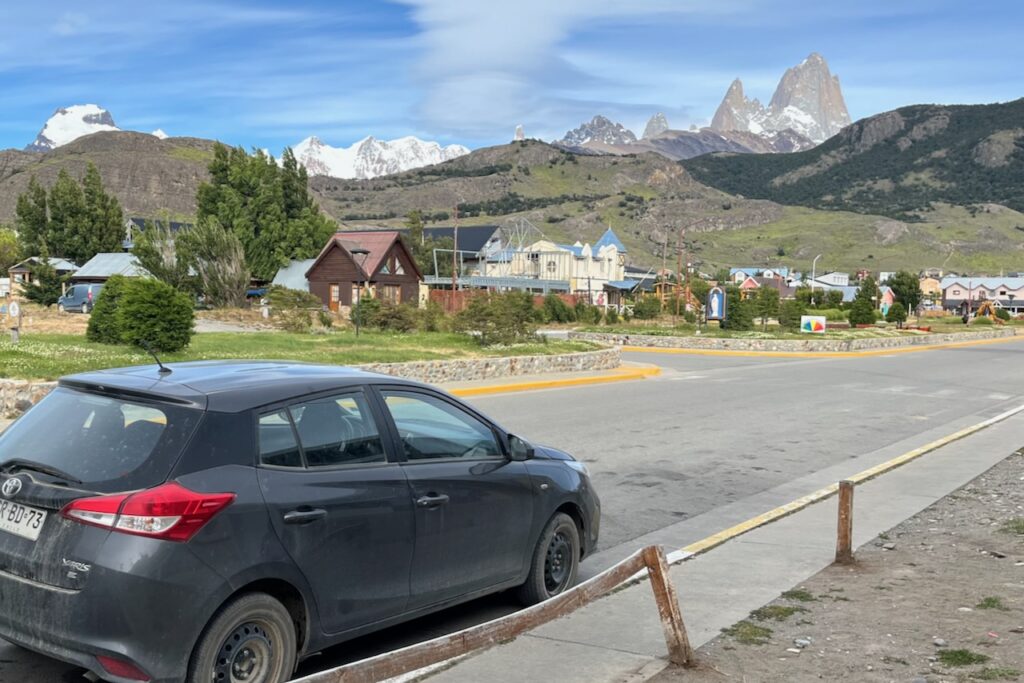 El Chalten street view with mount Fitz Roy in the background, Argentina