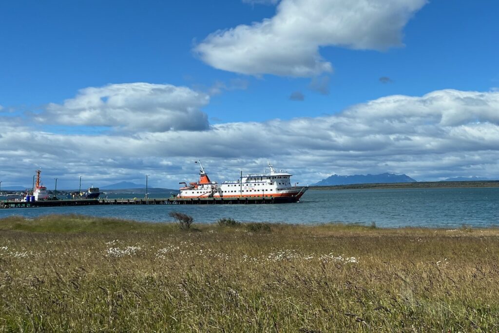 Skorpios III ship awaiting passengers at Puerto Natales, Chile