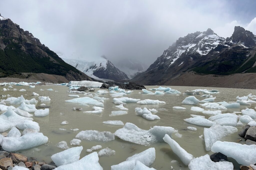 Laguna Torre with ice and cloud covered Cerro Torre, Argentina