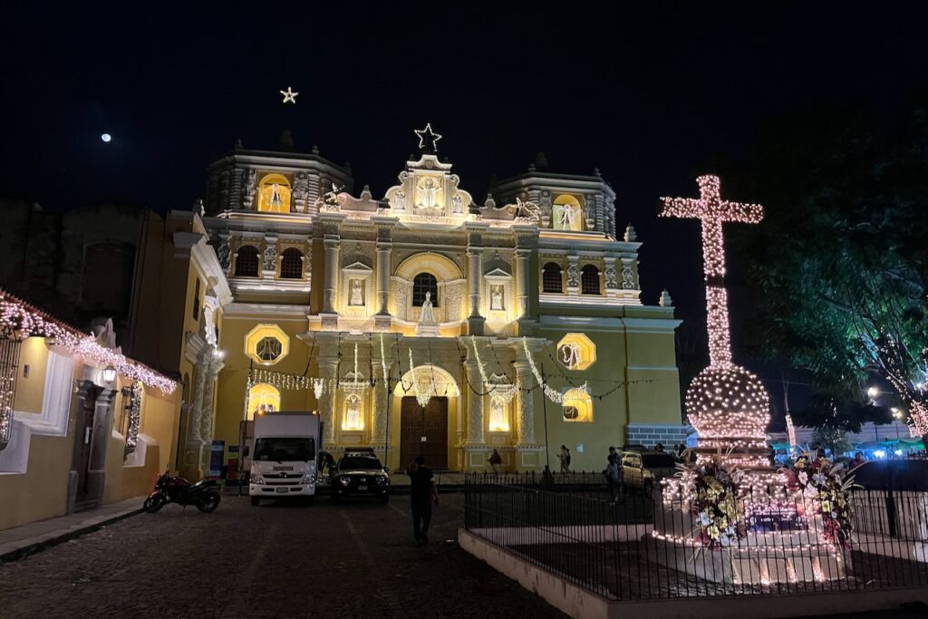 La Merced church illuminated at night, Antigua, Guatemala