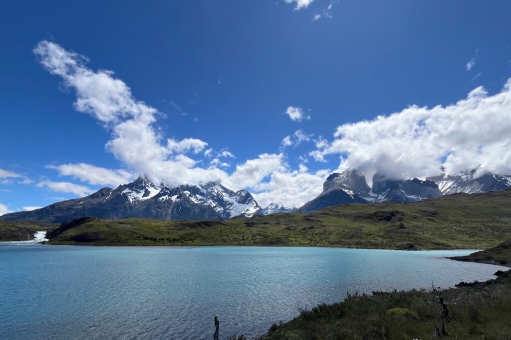 View of lake Pehoe, Cuernos, Cerro Paine Grande, and Salto Grande (waterfall), Torres del Paine, Chile