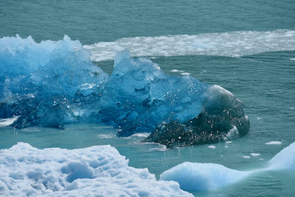 Freshly flipped piece of glacier with its blue ice, Perito Moreno, Argentina