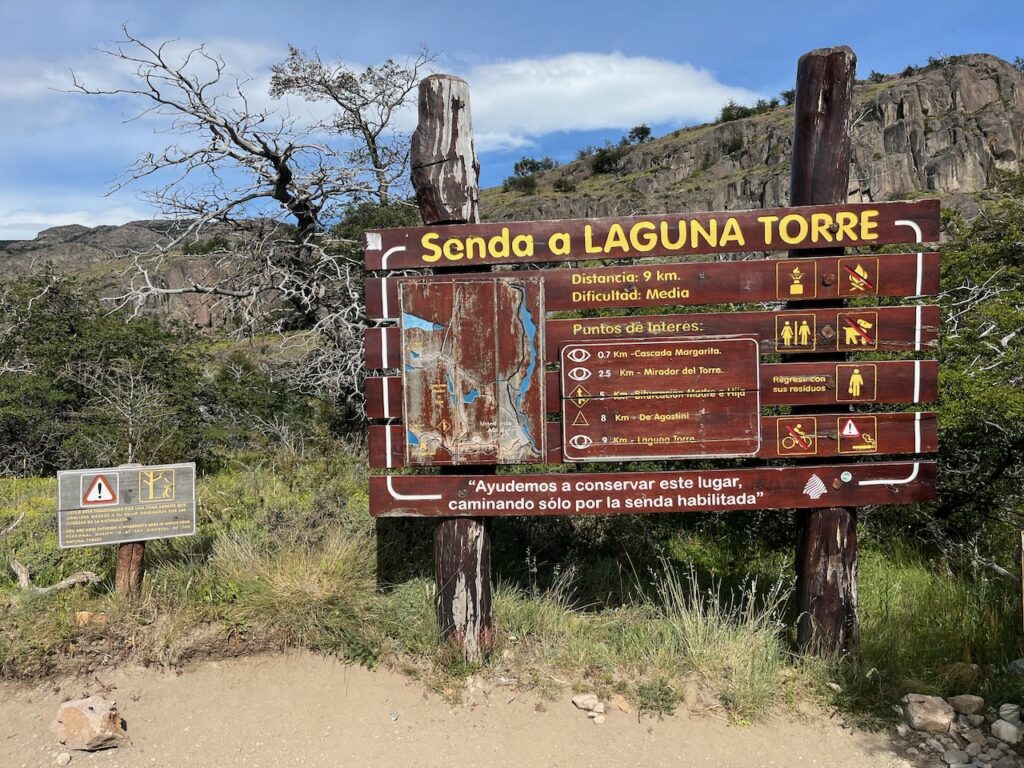 Sign for the Laguna Torre hike, El Chalten, Argentina