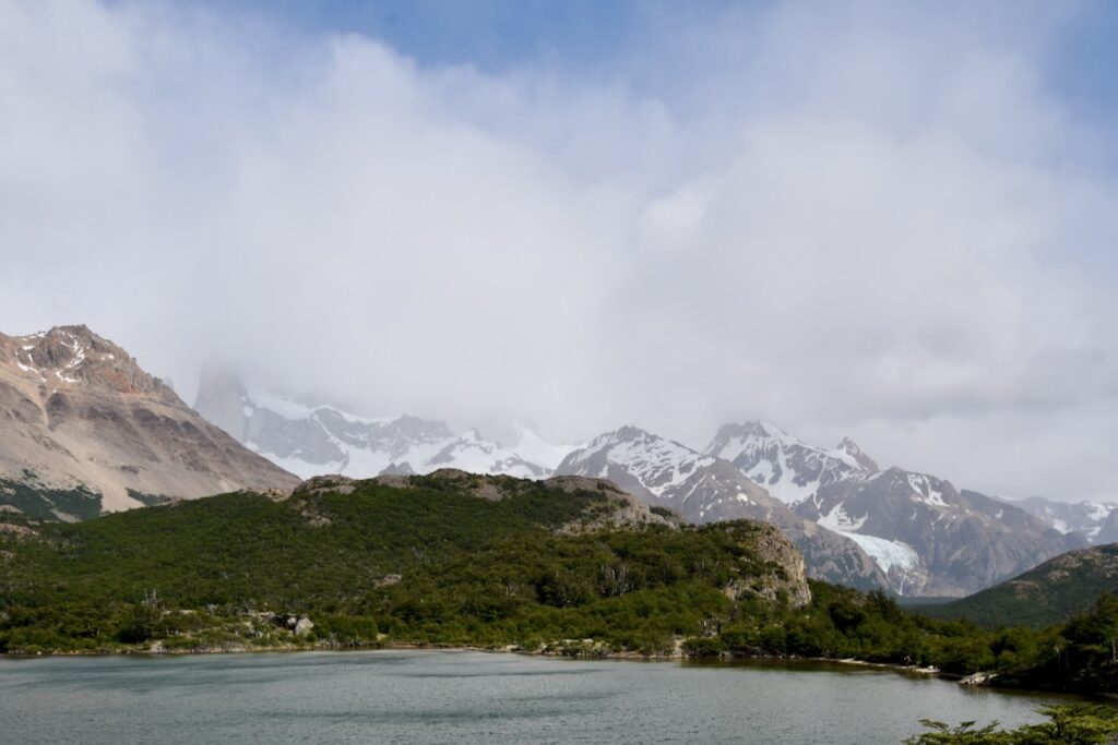 Fitz Roy mountain covered by clouds, view from Laguna Capri, Argentina