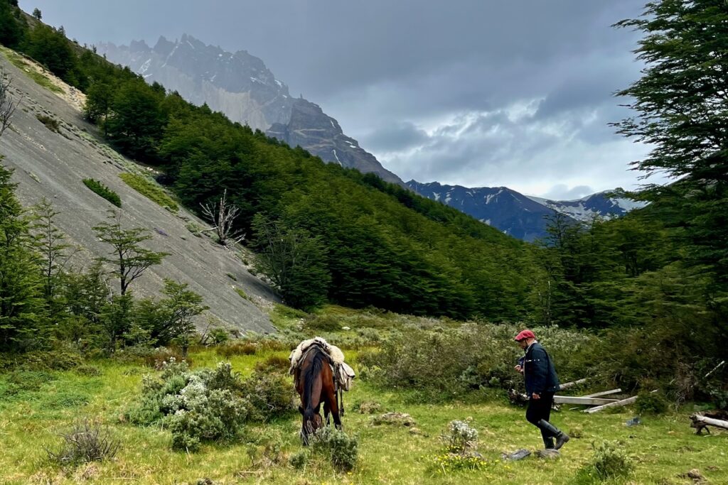 Gaucho with a horse and Torres in the back with clouds, Torres del Paine, Chile