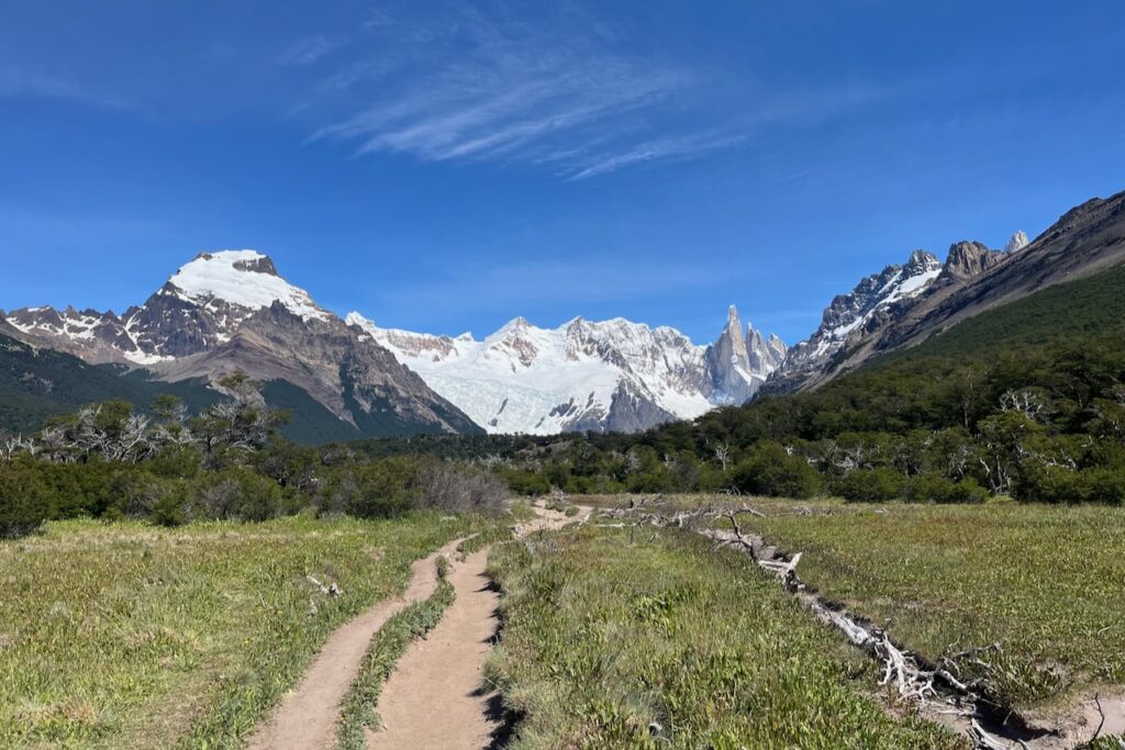 View over Fitz Roy River valley to Serro Torre and Cerro Solo, Argentina