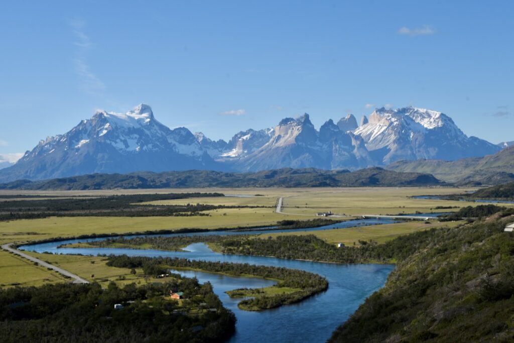 The view from Rio Serrano lookout to Torres del Paine and road leading to the National Park, Chile