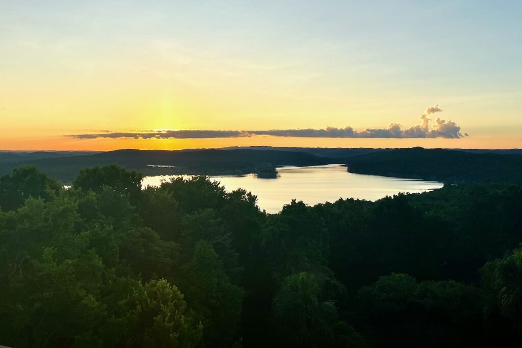 Sunset view over Yaxha lake from structure 216 of Yaxha Mayan site, Guatemala
