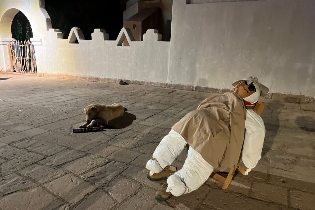 Ano Viejo in the main square waiting to be burned, San Pedro de Atacama, Chile